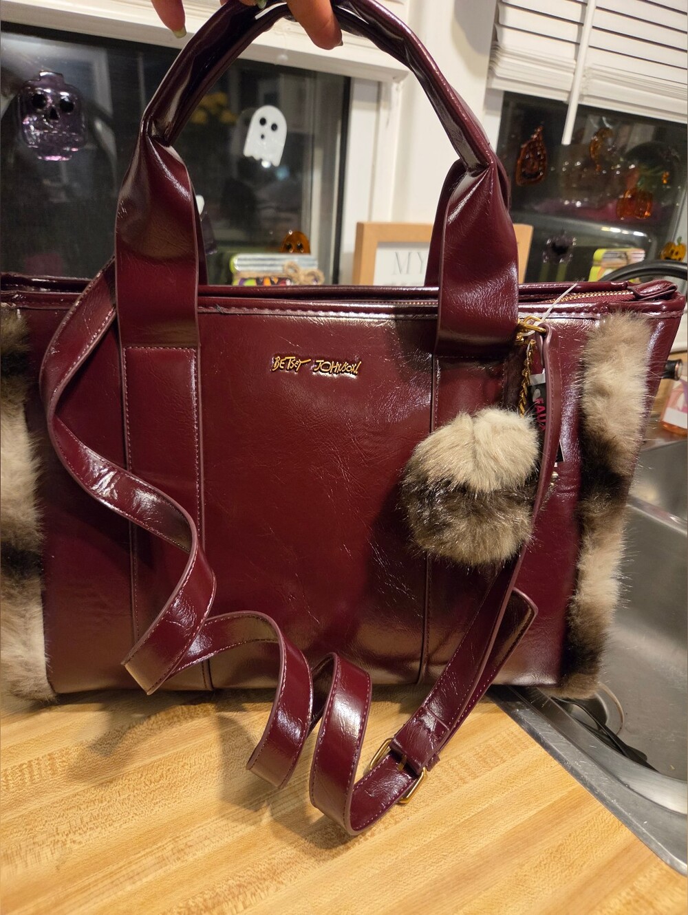 Betsey Johnson NWT Large Red W/fur Trim Tote/Crossbody & Bag Charm
